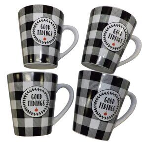 Christmas Farmhouse Shabby Black White Plaid 4 "Good Tidings" Ceramic Mugs